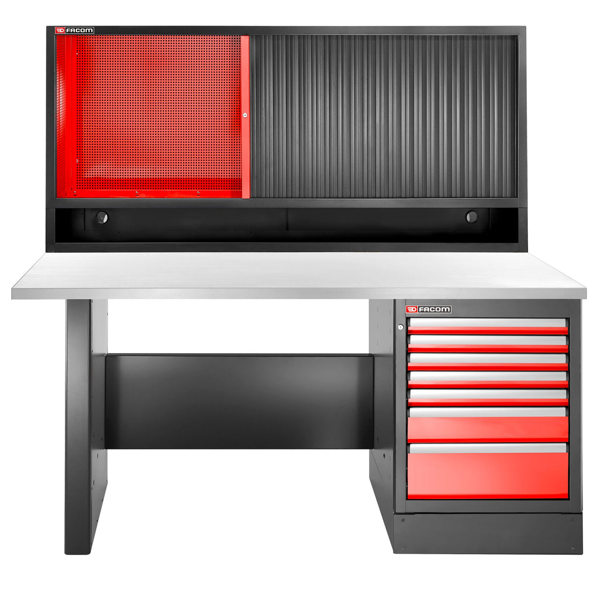 Werkbank hoch 7 Schubladen + Oberschrank mit Edelstahlarbeitsplatte