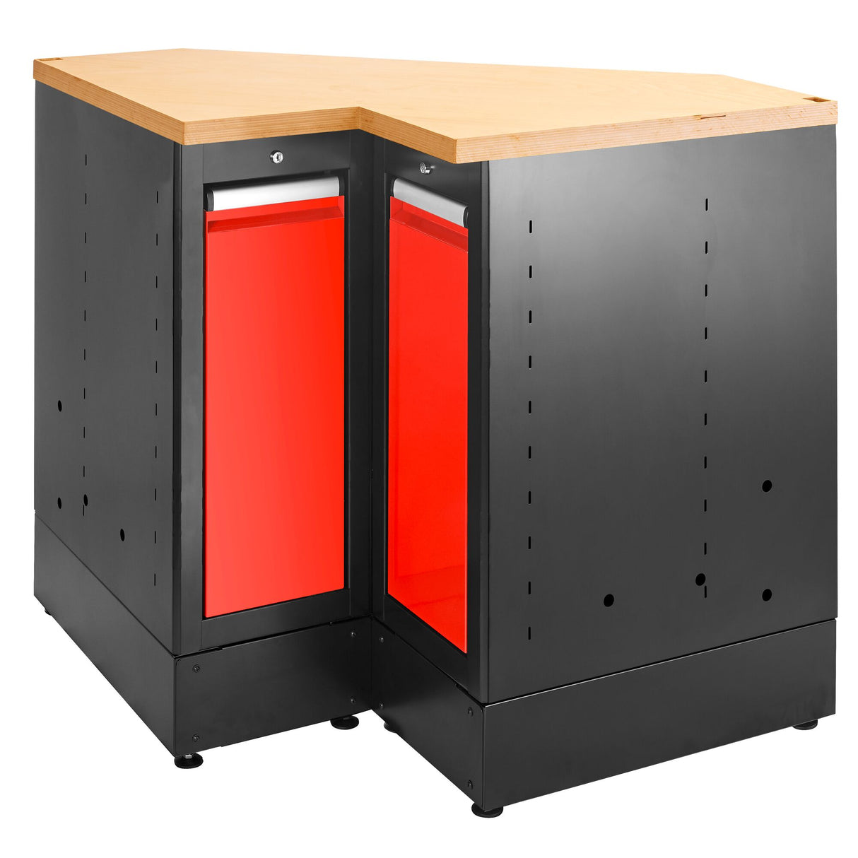 Eckunterschrank mit Holzarbeitsplatte, Rot