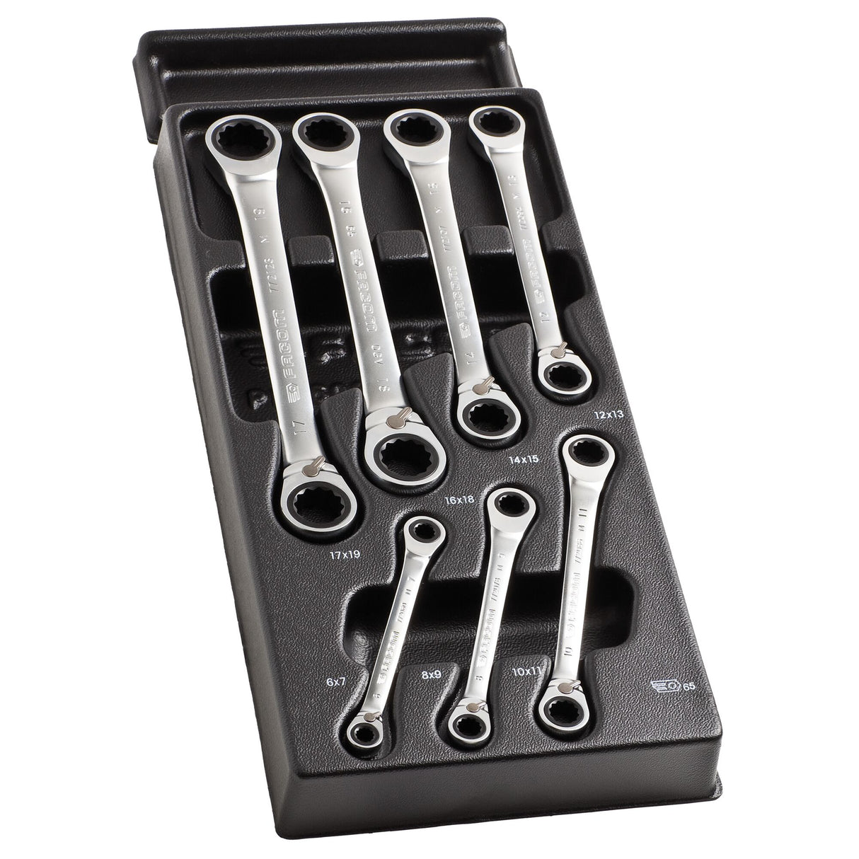 Modul mit 7 Knarren-Ringschlüsseln, Ringköpfe um 15° abgeschrägt, 12-Kant