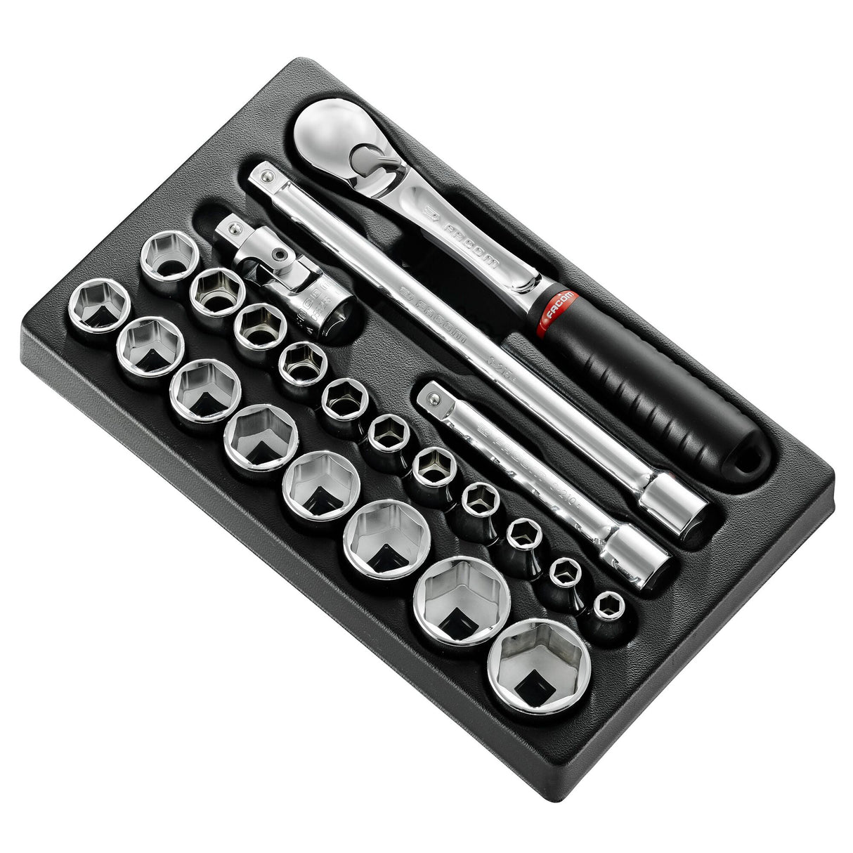Kunststoffmodul M - Steckschlüssel 1/2", 6-Kant, 23-tlg., mit staubdichter Ratsche