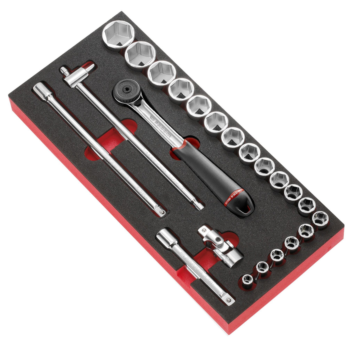 Schaumstoffmodul - Serie 1/2", Antriebselemente, Steckschlüssel, Rundkopf-Umschaltknarre, 23-tlg.