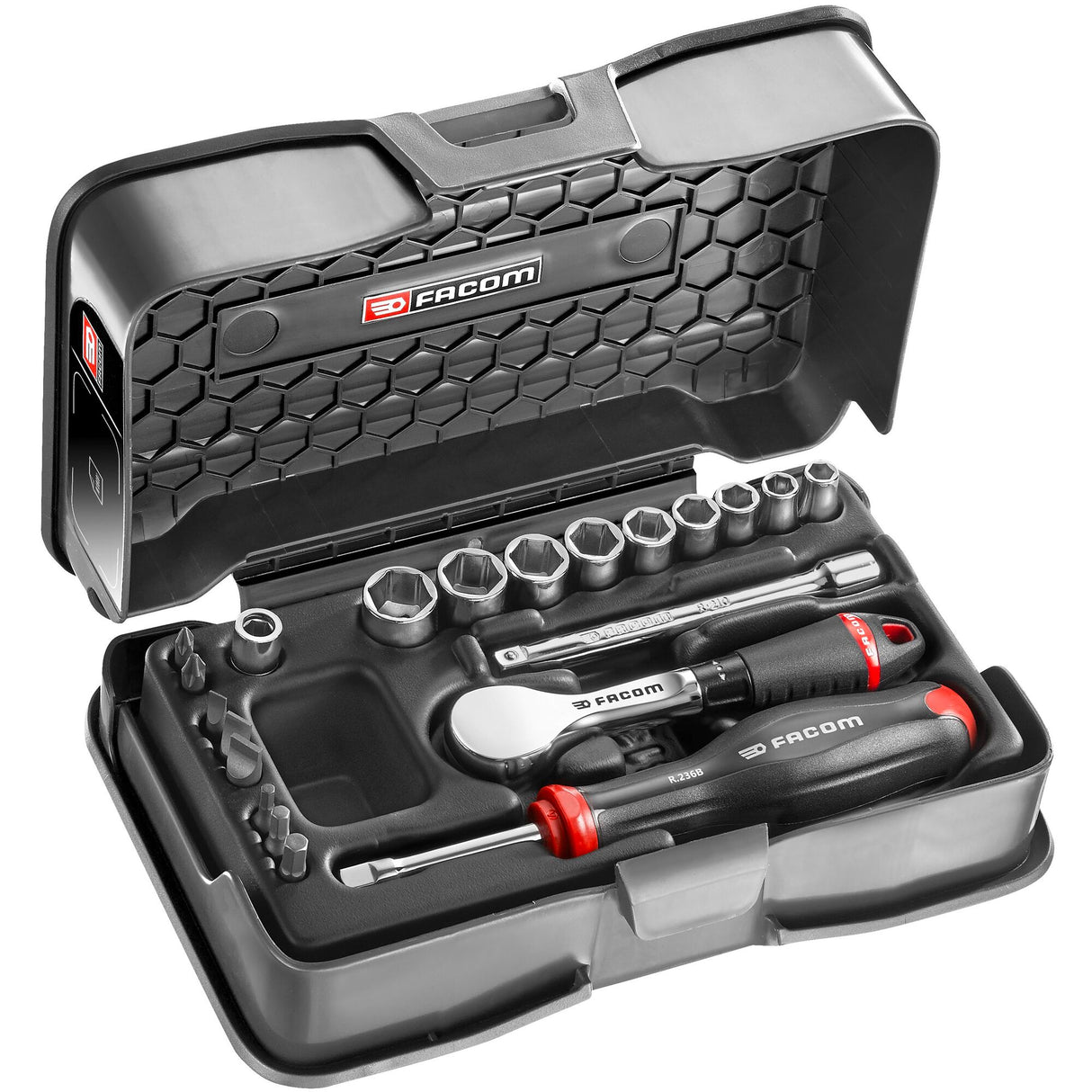 Steckschlüssel- und Bit-Set 1/4" mit Umschaltknarre, Sechskant, metrisch, 21-tlg.