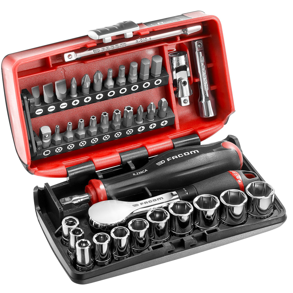 Steckschlüssel- und Bit-Set 1/4" mit Umschaltknarre, Sechskant, metrisch, 38-tlg.