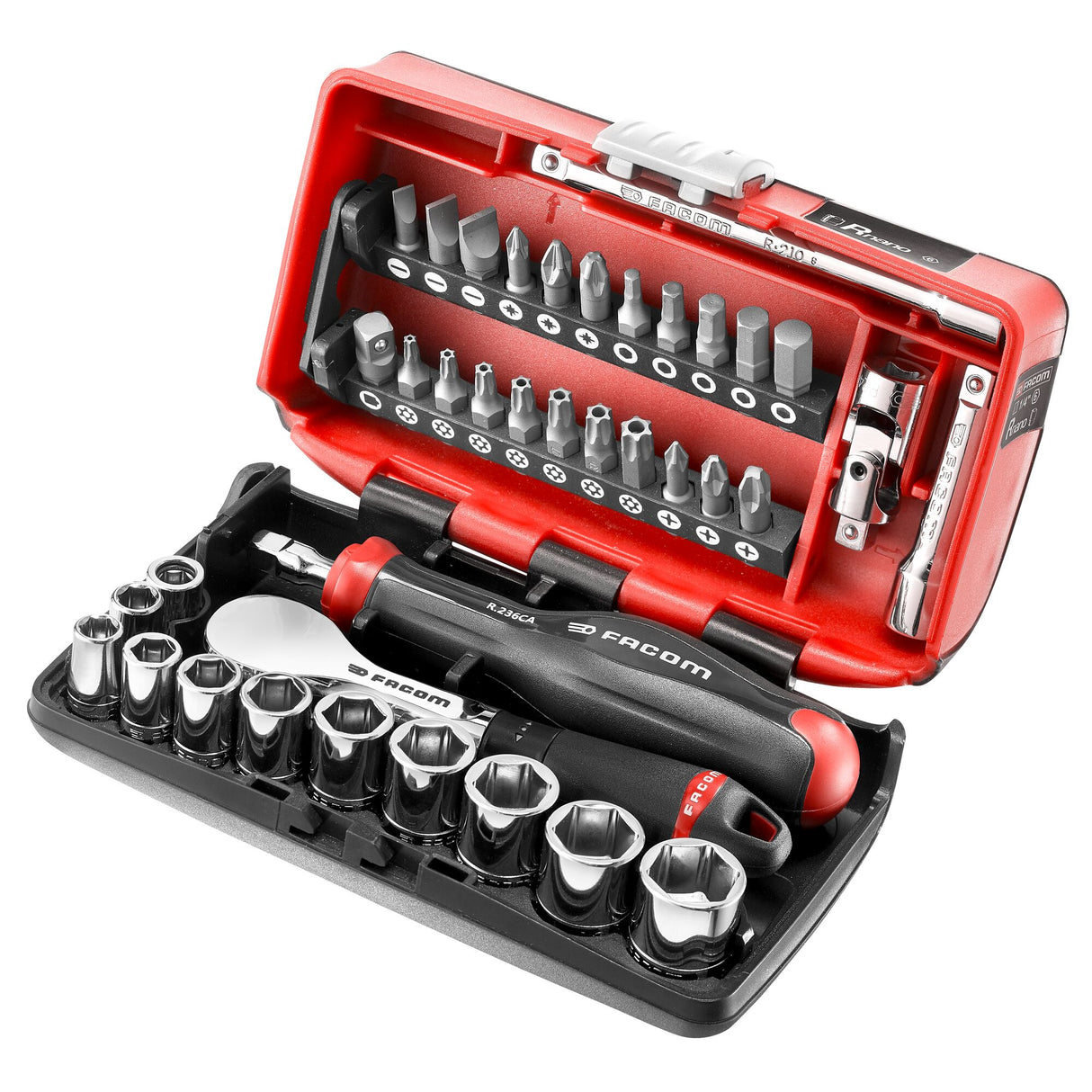 Steckschlüssel- und Bit-Set 1/4" mit Umschaltknarre, Sechskant, metrisch, 38-tlg.