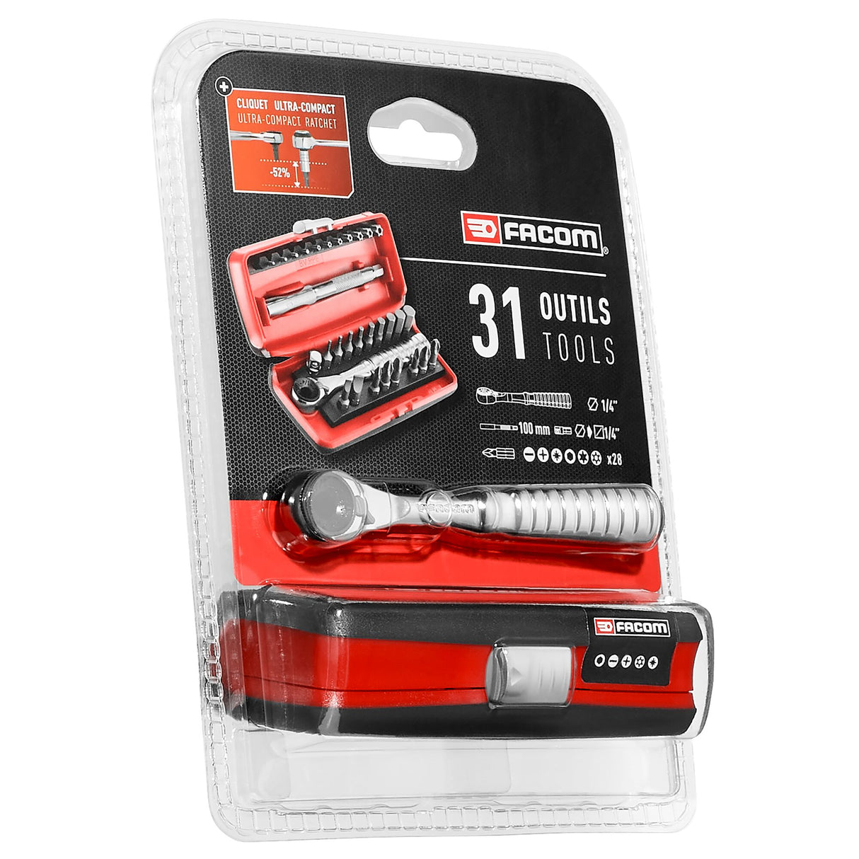Sortiment 1/4" - Antriebselemente, Bithalter, Bits Serie 1, Umschaltknarre, ultrakompakter Kasten, 41-tlg., SB-Verpackung