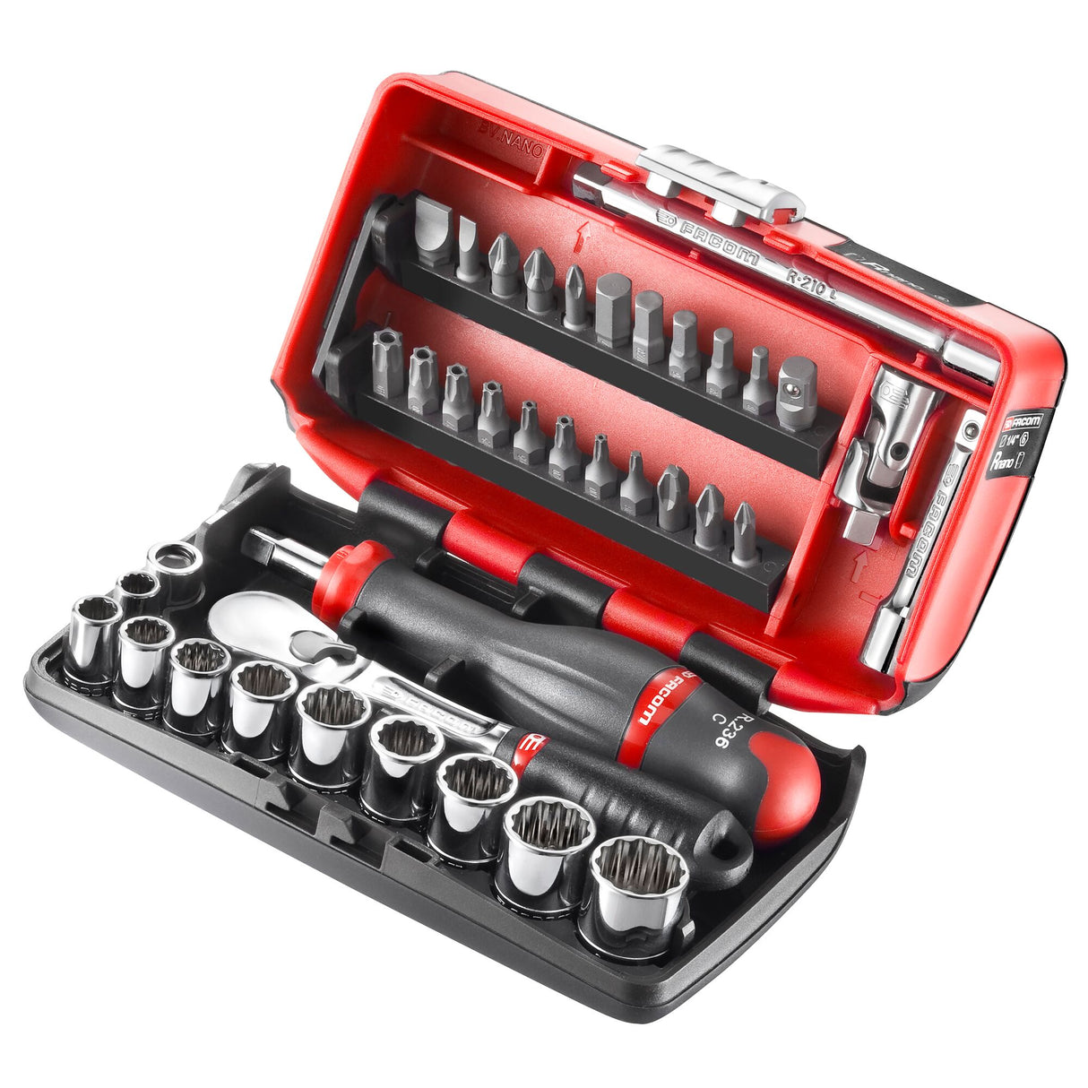 Sortiment 1/4" - Antriebselemente, Bits Serie 1, Sechskant-Steckschlüssel, Umschaltknarre, Zollmaße, ultrakompakter Kasten, 38-tlg.