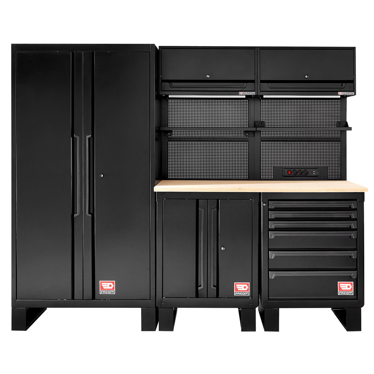 ROLL Werkstattsystem RWS2.0 - 2,45m-Set mit Holzplatte und einem 1m Hochschrank