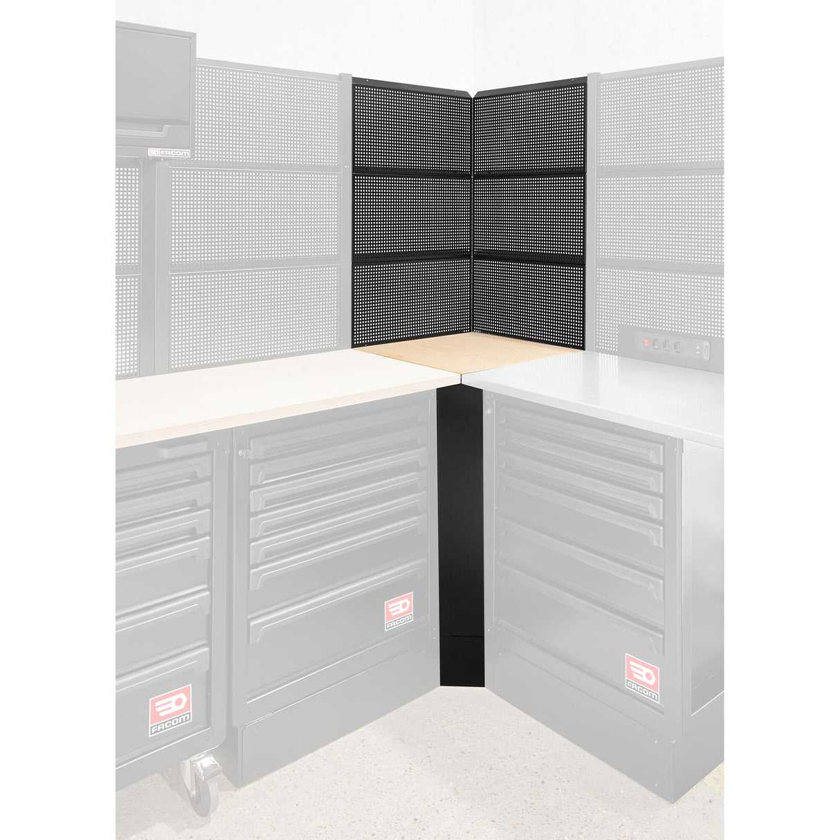ROLL Werkstattsystem RWS2.0 - Eckschrank mit Holzarbeitsplatte und 6 Paneelen
