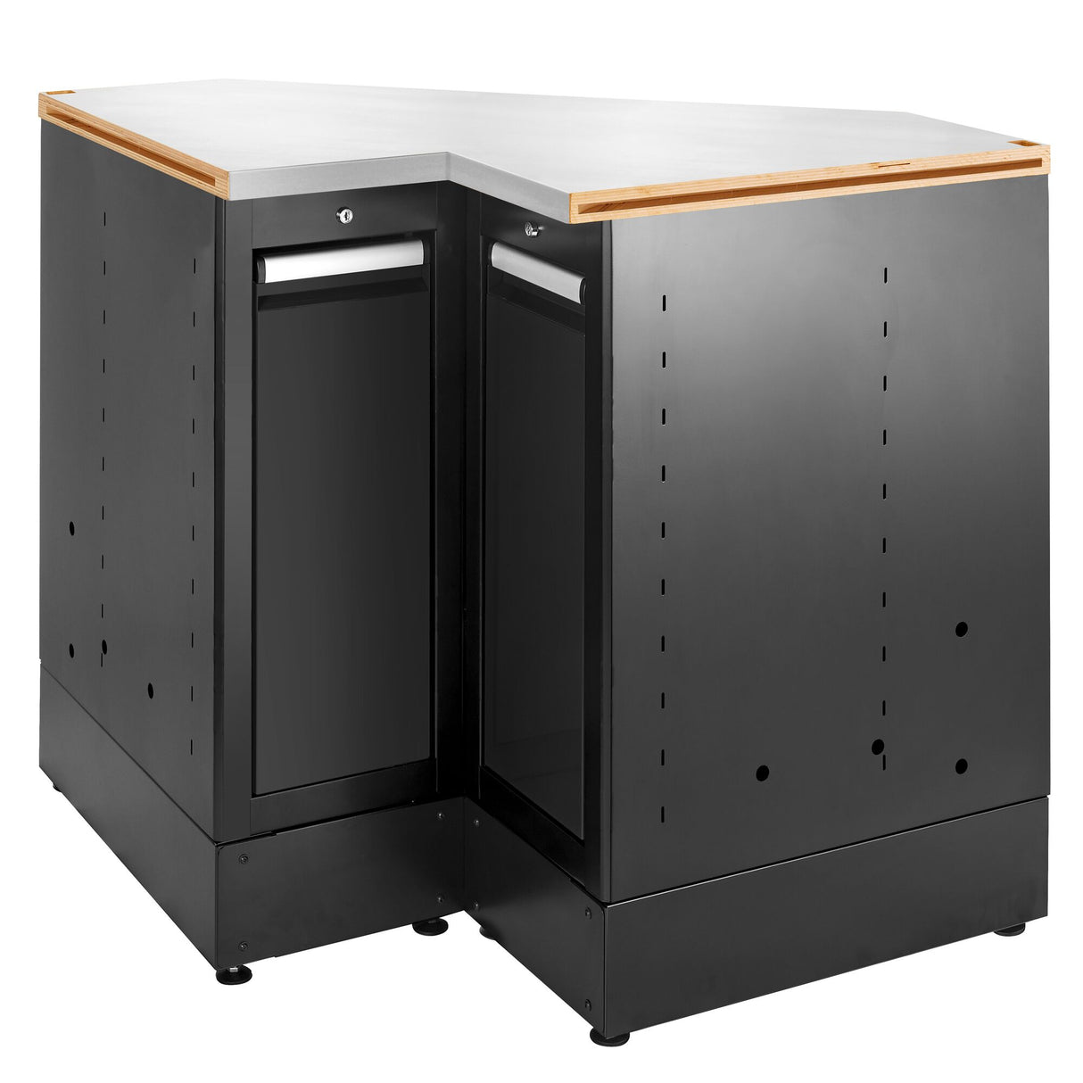 Eckunterschrank mit Edelstahlarbeitsplatte, Schwarz