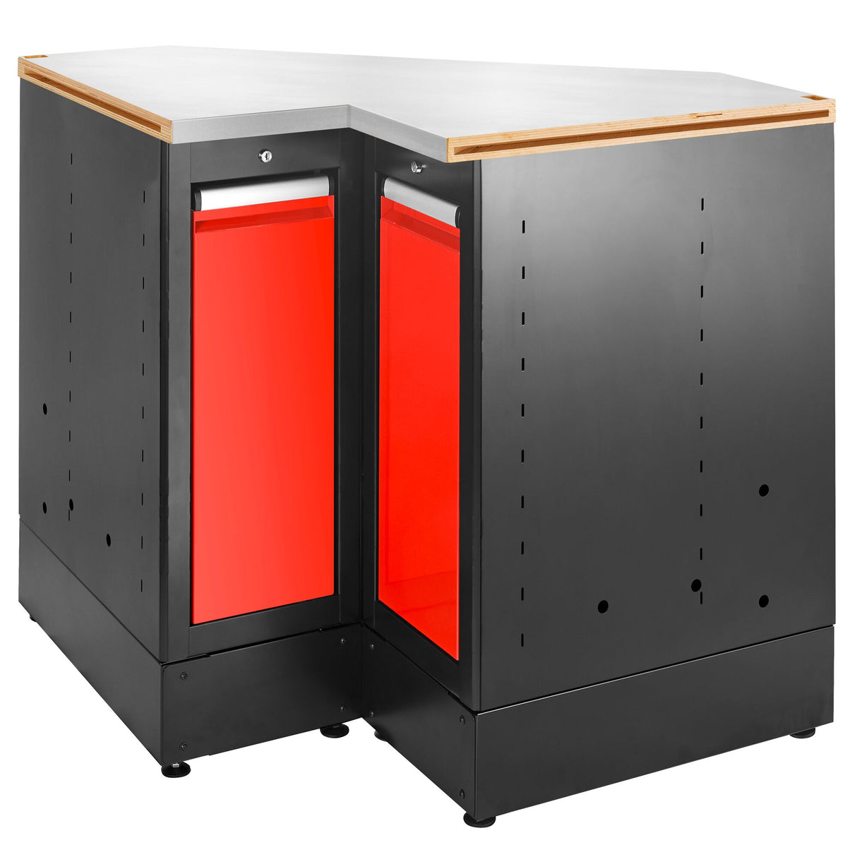 Eckunterschrank mit Edelstahlarbeitsplatte, Rot