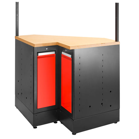 Eckunterschrank mit Holzarbeitsplatte, Rot