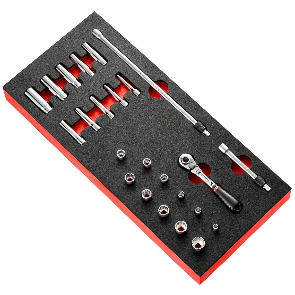 Schaumstoffmodul - Serie 1/4", Antriebselemente, Steckschlüssel, Umschaltknarre, Zollmaße, 22-tlg.