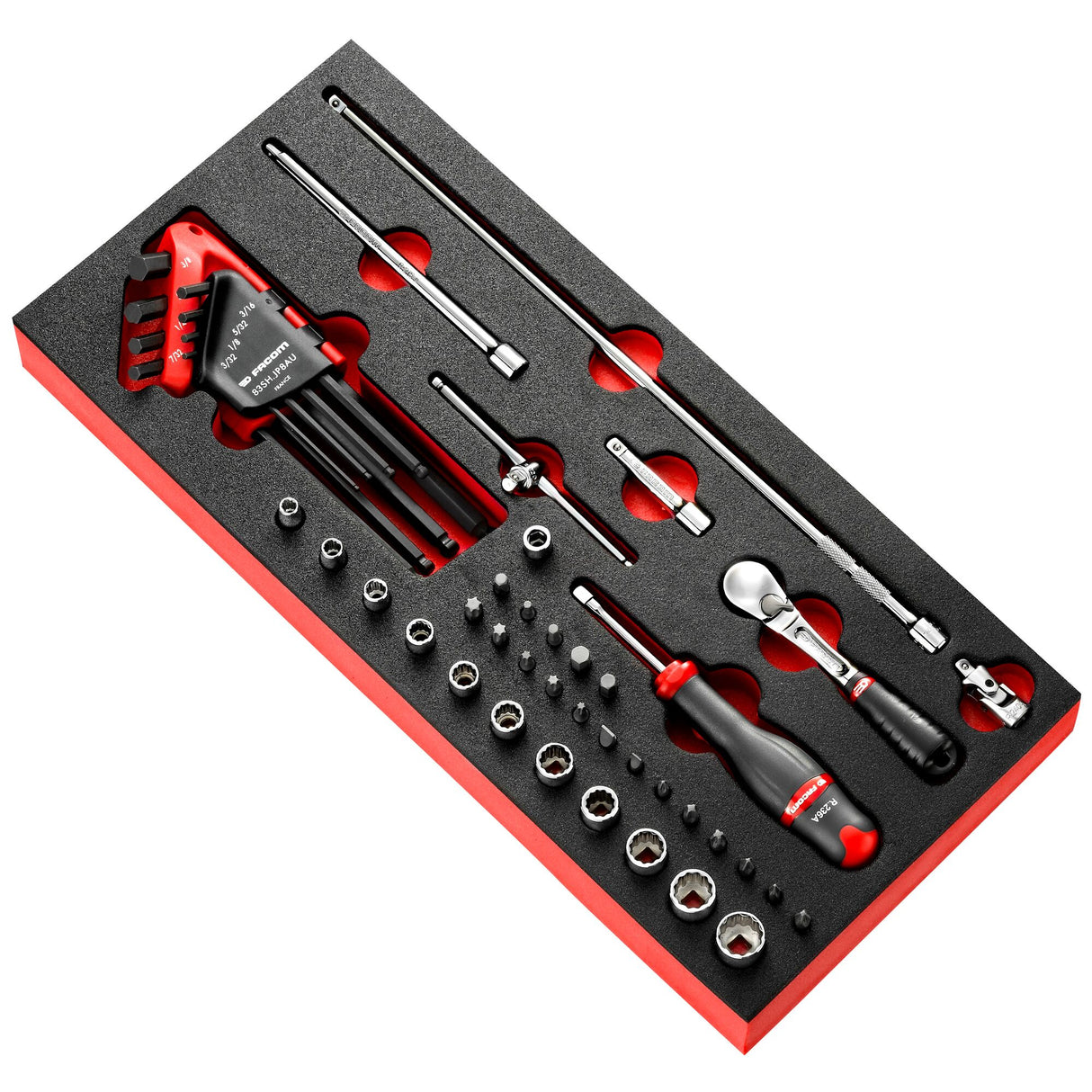 Schaumstoffmodul - Serie 1/4", Antriebselemente, Bits ED.1/EH.1/EP.1/ES.1/EX.1, Steckschlüssel, Stiftschlüssel 83SH, Ratsche, Zollmaße, 44-tlg.