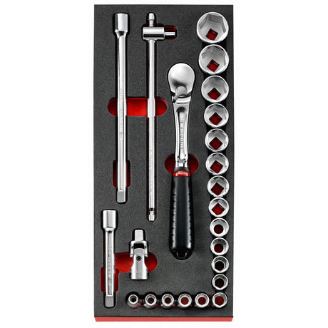 Schaumstoffmodul - Serie 1/2", Antriebselemente, Steckschlüssel, Birnenkopf-Umschaltknarre, 23-tlg., SB-Verpackung