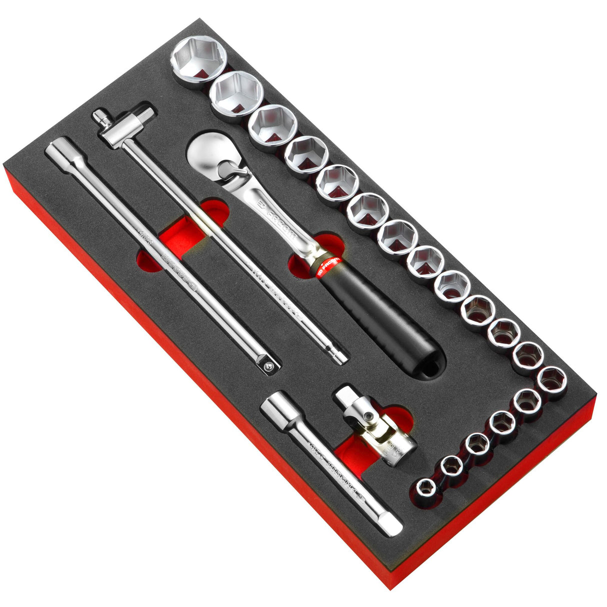 Schaumstoffmodul - Serie 1/2", Antriebselemente, Steckschlüssel, Birnenkopf-Umschaltknarre, 23-tlg.