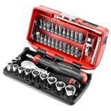 Steckschlüssel- und Bit-Set 1/4" mit Umschaltknarre, Sechskant, metrisch, 38-tlg.