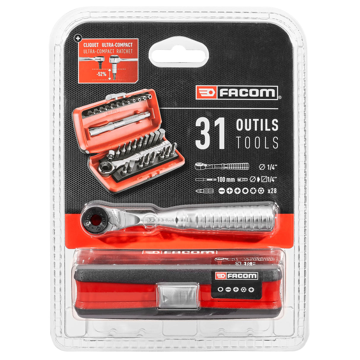 Sortiment 1/4" - Antriebselemente, Bithalter, Bits Serie 1, Umschaltknarre, ultrakompakter Kasten, 41-tlg., SB-Verpackung