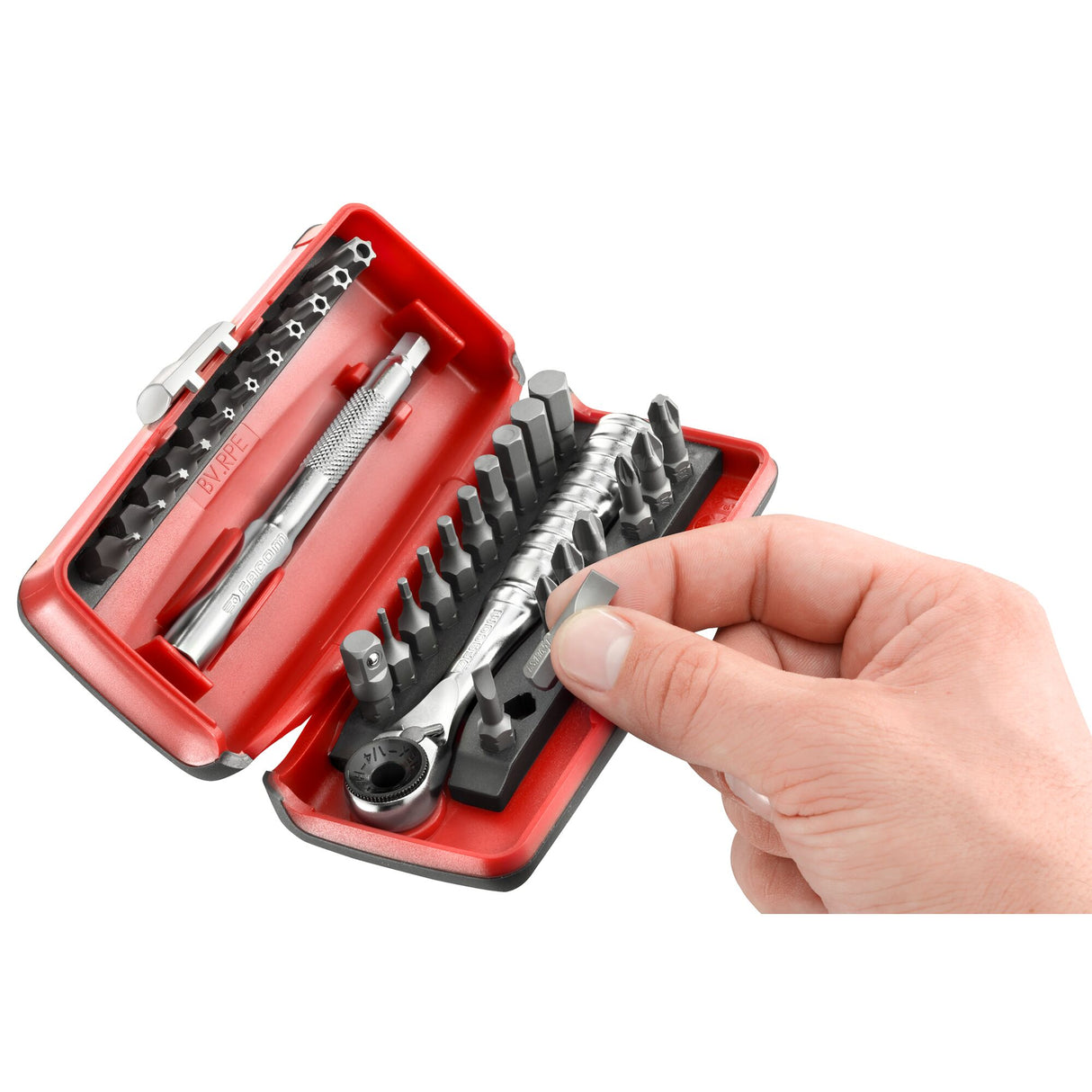 Sortiment 1/4" - Antriebselemente, Bithalter, Bits Serie 1, Umschaltknarre, ultrakompakter Kasten, 41-tlg.