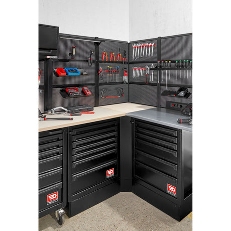 ROLL Werkstattsystem RWS2.0 - Eckschrank mit Holzarbeitsplatte und 6 Paneelen